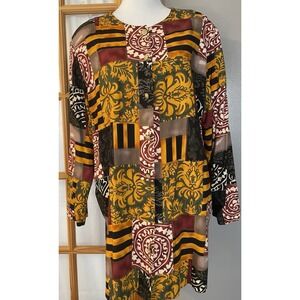 Vtg 60s Faux Patchwork Tunic Blouse 2XL Gold Beige Button Up Long Sleeve Festive